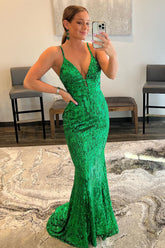 Mermaid Spaghetti Straps Green Prom Dress Sequined Backless Long Evening Dress